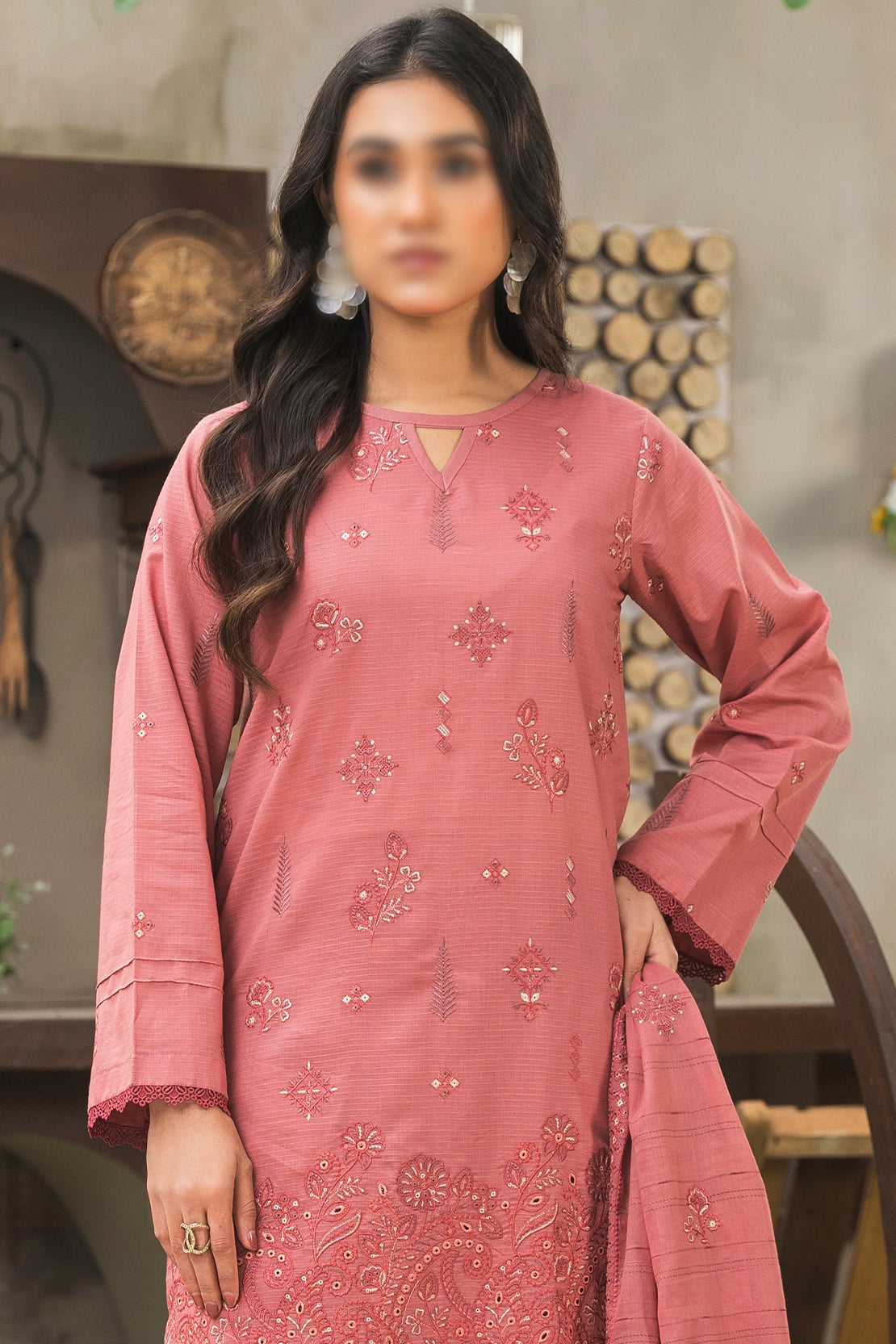3 Piece - Embroidered Doriya Lawn - Peach 105