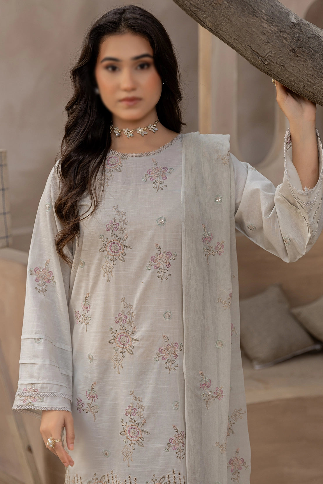 3 Piece - Embroidered Lawn Slub - Nafees 201