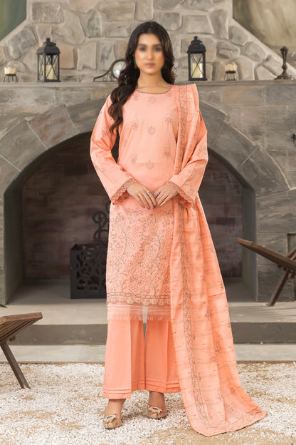 3 Piece - Embroidered Doriya Lawn - Peach 103