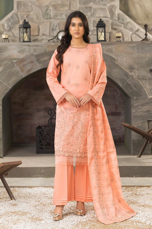 3 Piece - Embroidered Doriya Lawn - Peach 103