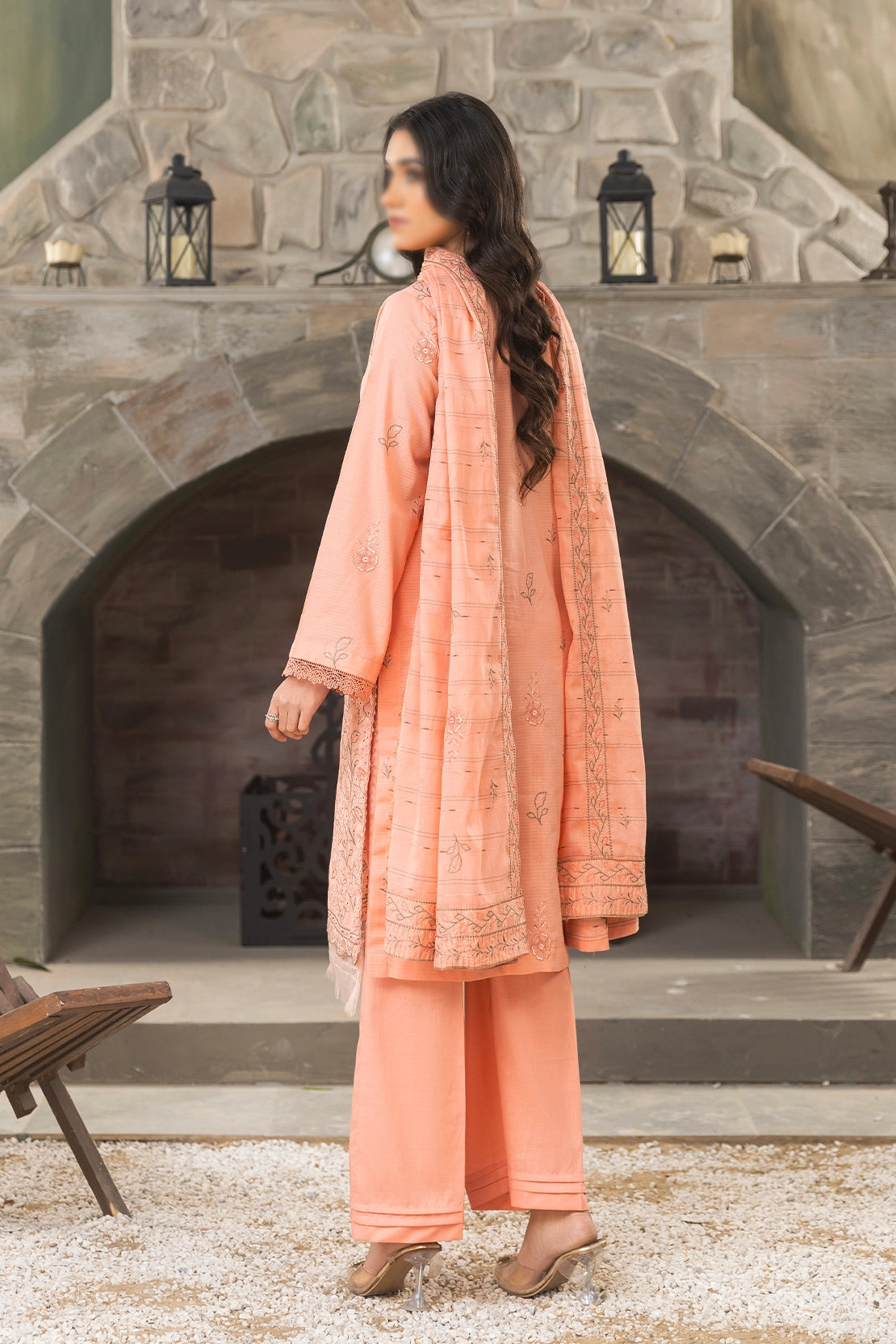 3 Piece - Embroidered Doriya Lawn - Peach 103