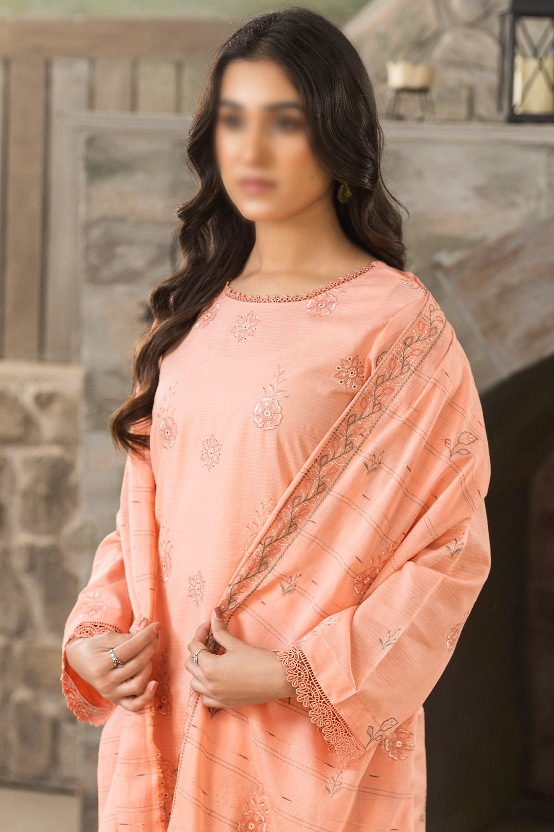 3 Piece - Embroidered Doriya Lawn - Peach 103