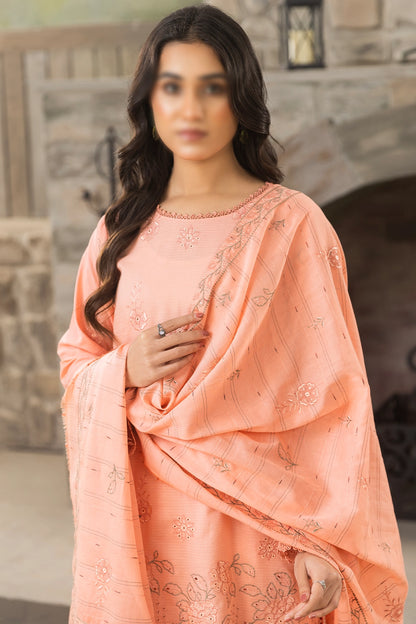 3 Piece - Embroidered Doriya Lawn - Peach 103