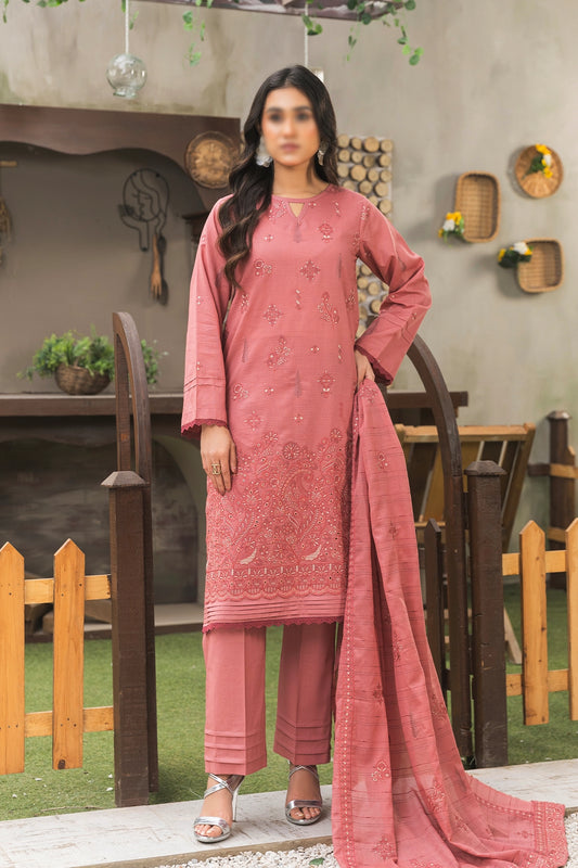 3 Piece - Embroidered Doriya Lawn - Peach 105