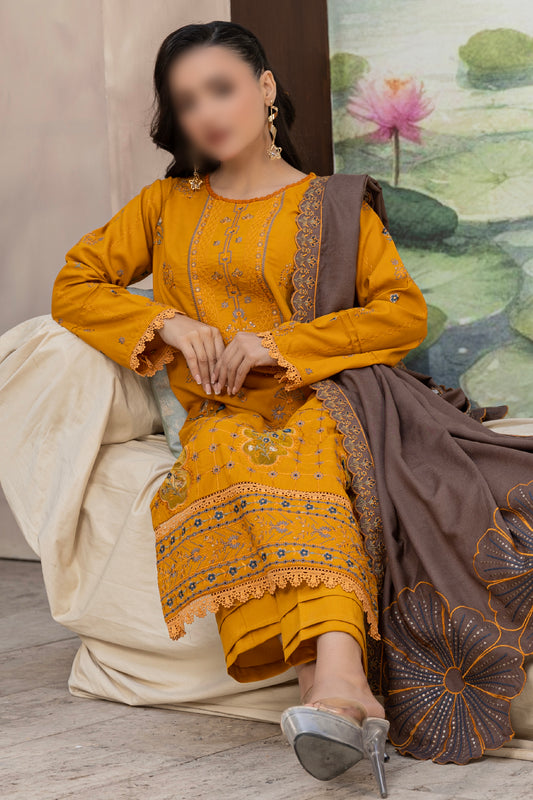 3 Piece - Embroidered Dhanak - Amber 202