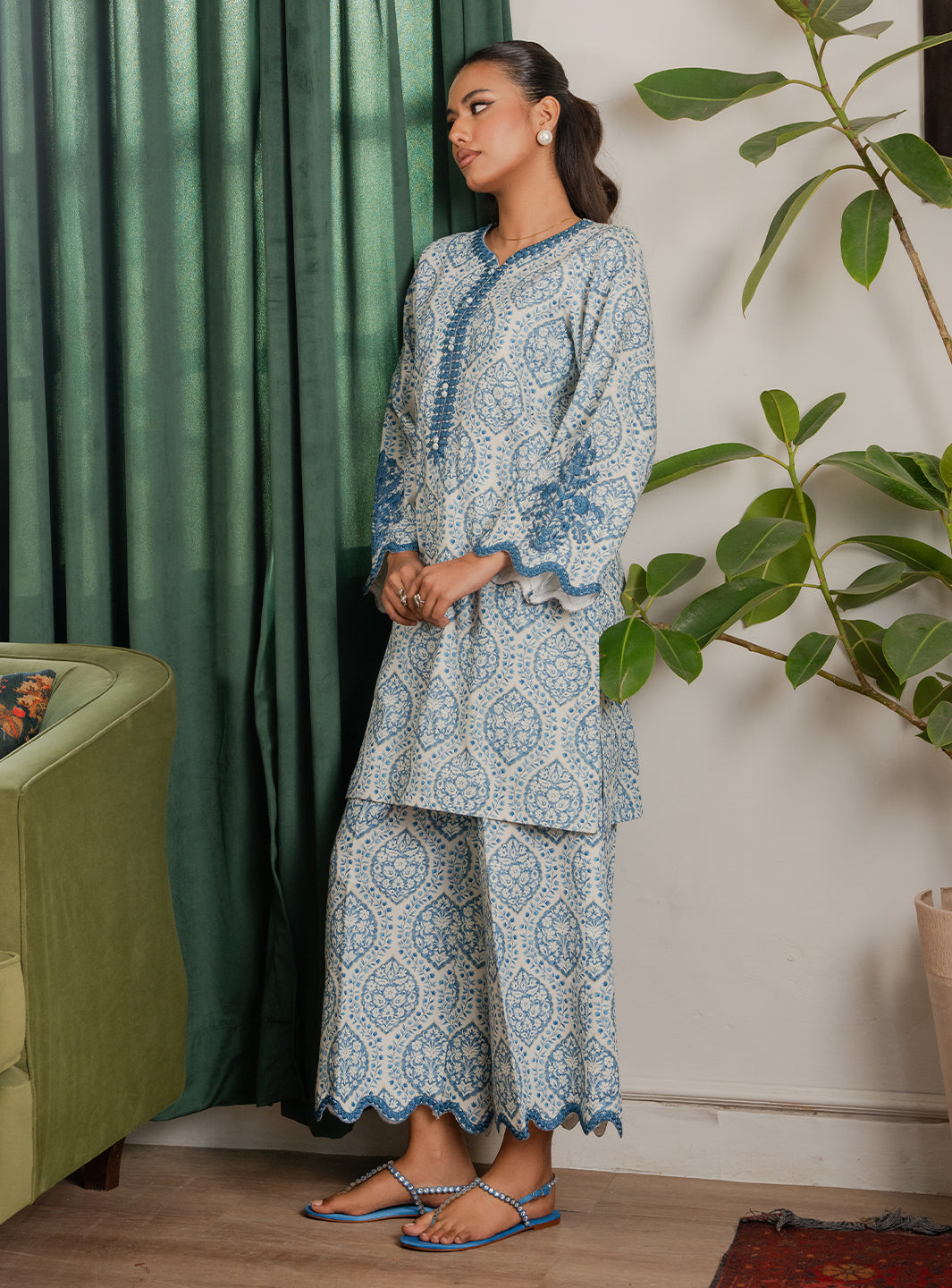 2 Piece - Printed Khaddar - Lumiere - Celeste