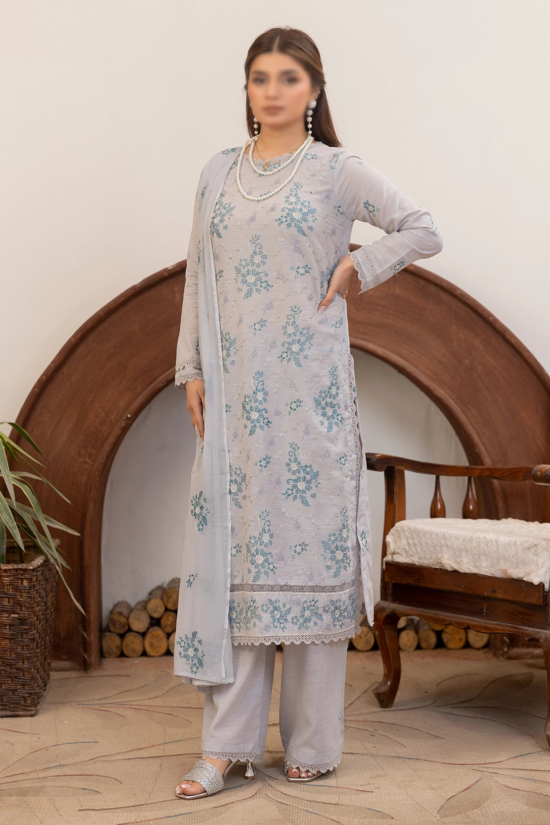 3 Piece - Embroidered Lawn Slub Karandi - Nafees 101