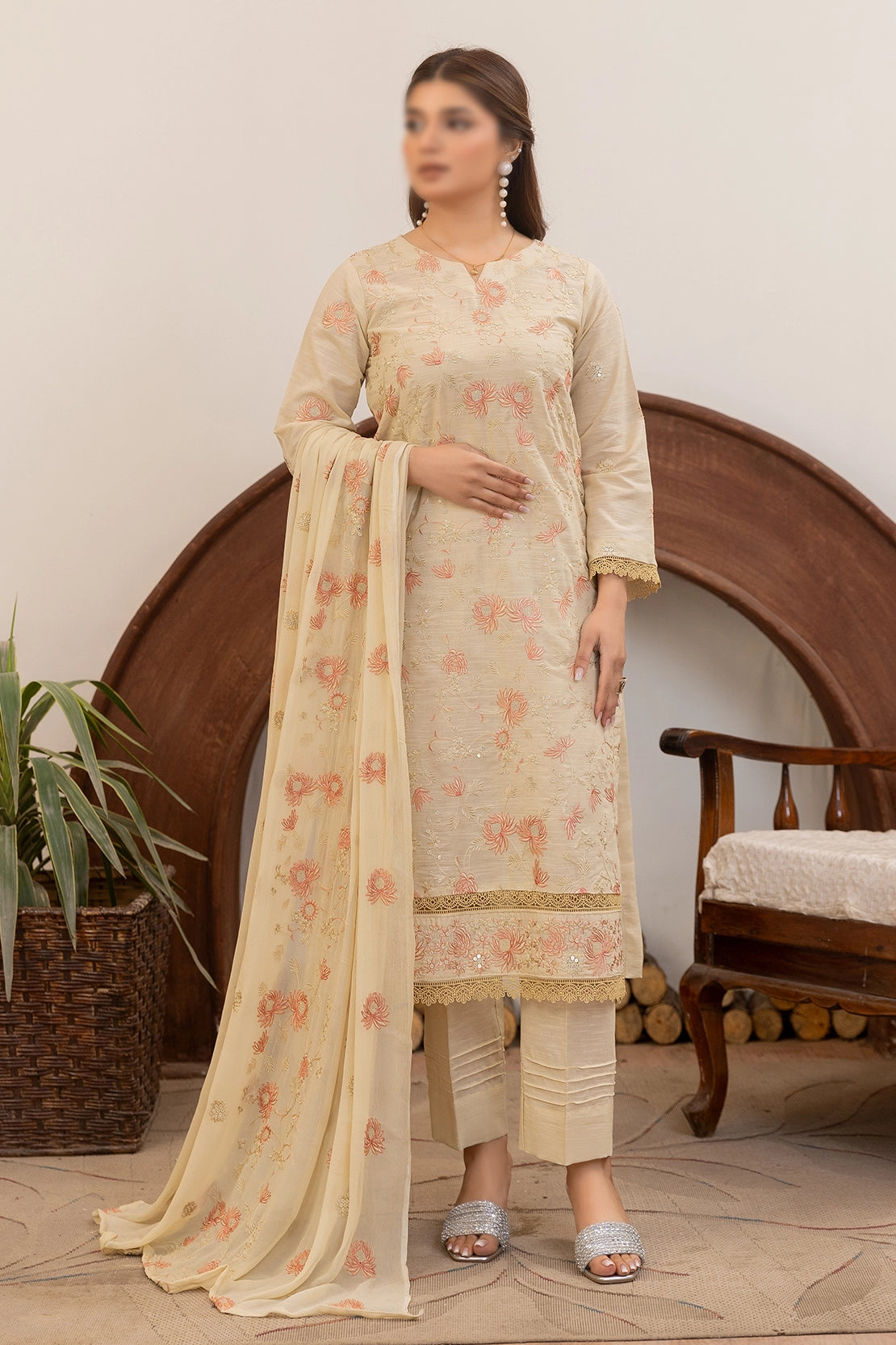 3 Piece - Embroidered Lawn Slub Karandi - Nafees 108