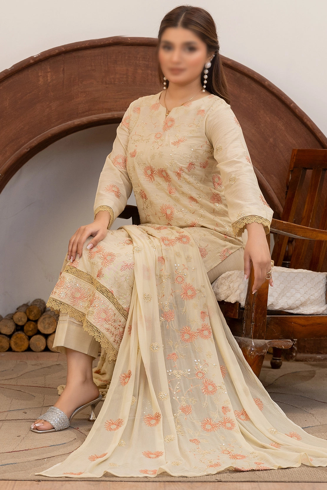 3 Piece - Embroidered Lawn Slub Karandi - Nafees 108