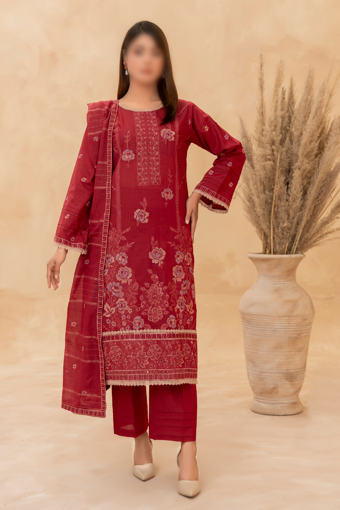 3 Piece - Embroidered Slub Lawn - Nazneen 101