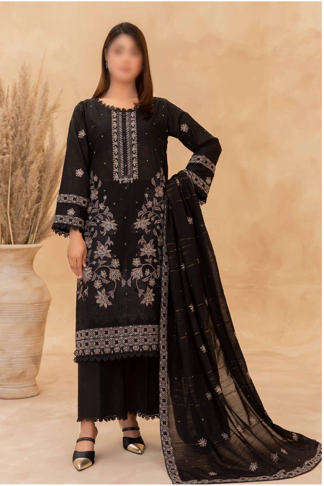 3 Piece - Embroidered Slub Lawn - Nazneen 103