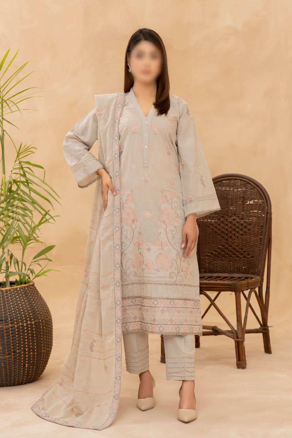 3 Piece - Embroidered Slub Lawn - Nazneen 105