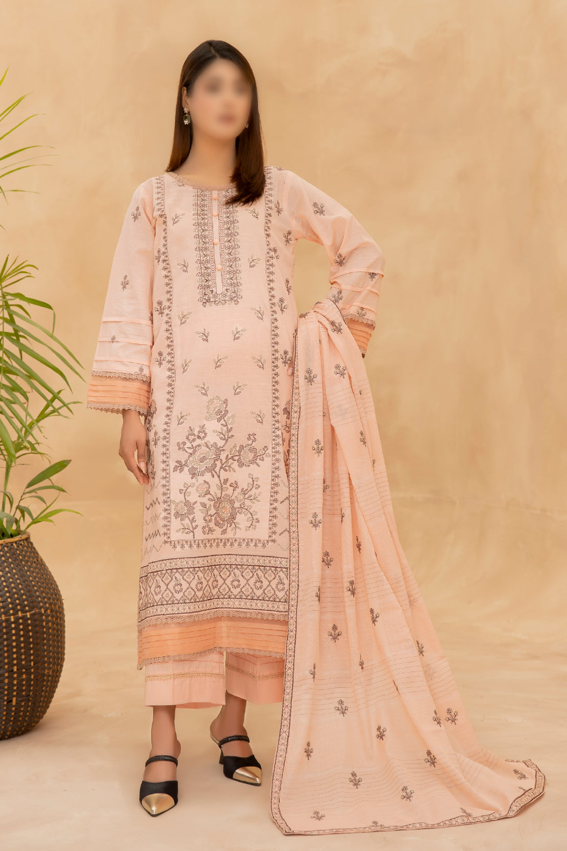 3 Piece - Embroidered Slub Lawn - Nazneen 106