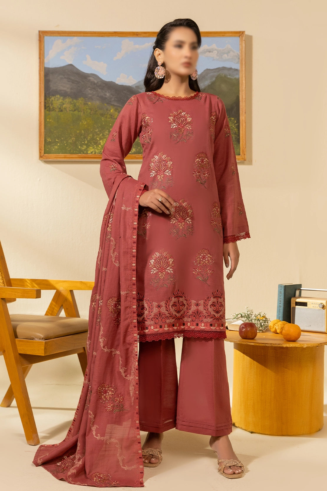 3 Piece - Embroidered Lawn Slub Karandi - Nikhar 104