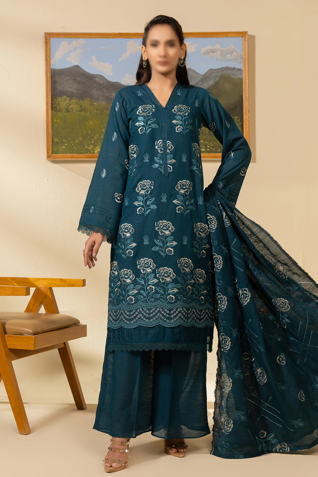 3 Piece - Embroidered Lawn Slub Karandi - Nikhar 106