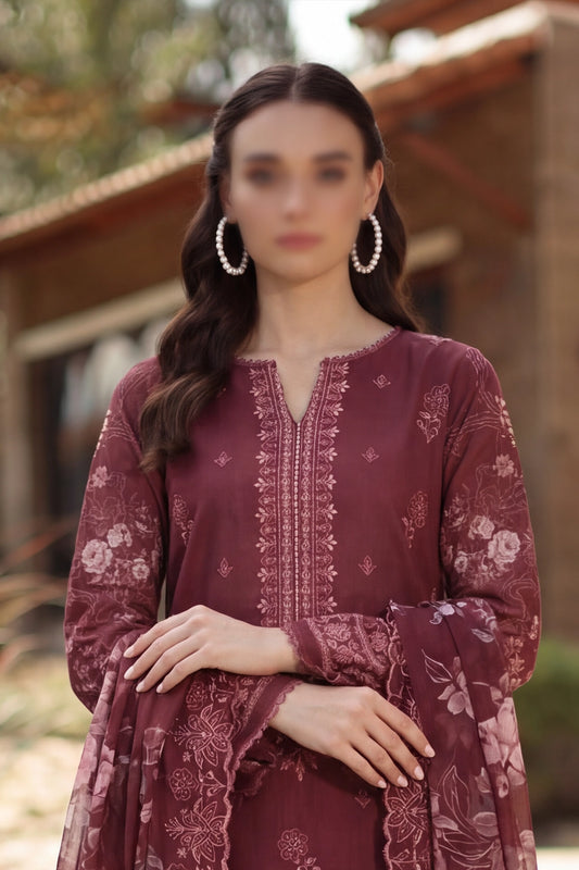 3 Piece - Embroidered Slub Lawn - Qalaa 136