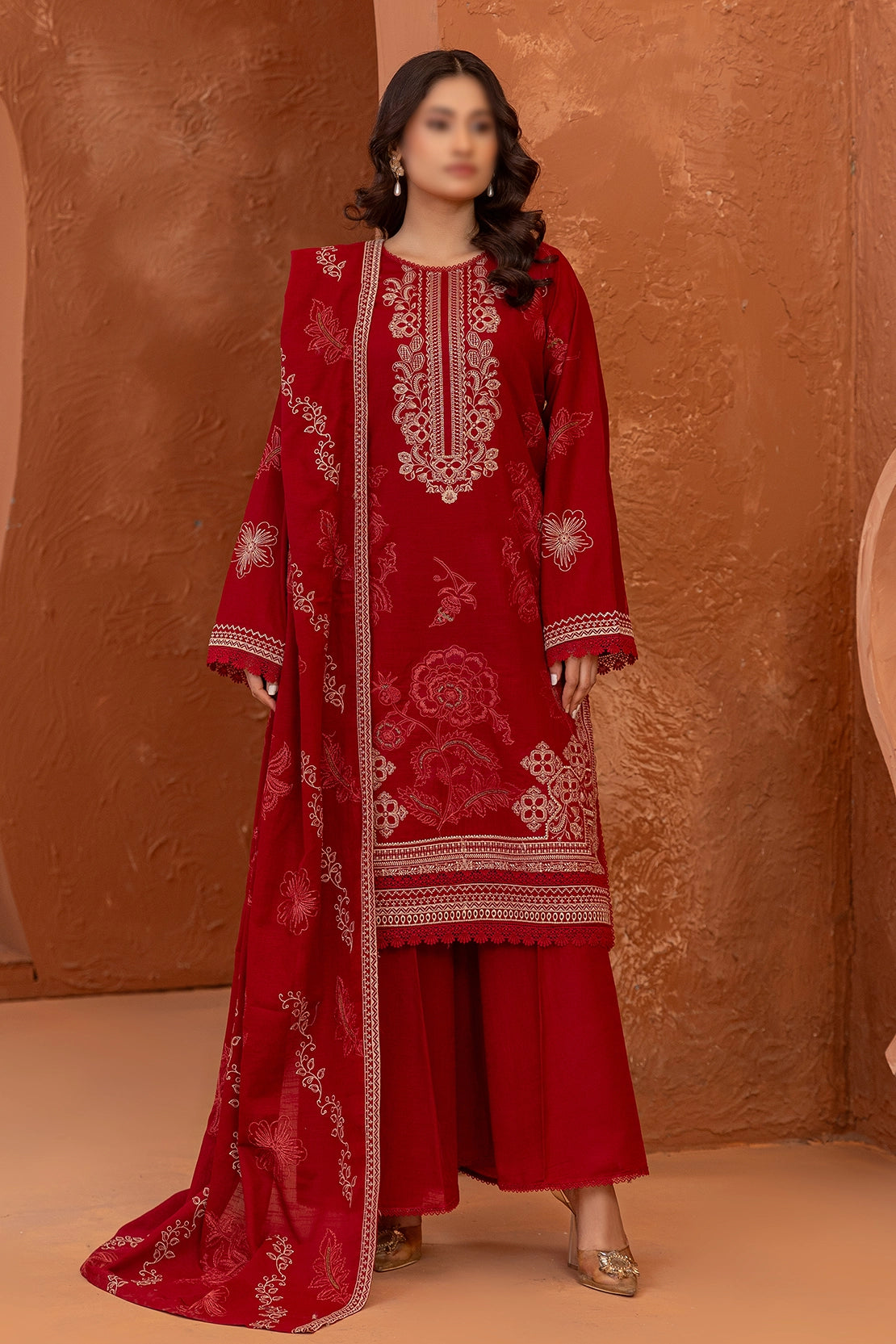 3 Piece - Embroidered Lawn Slub Karandi - Suffuse 102