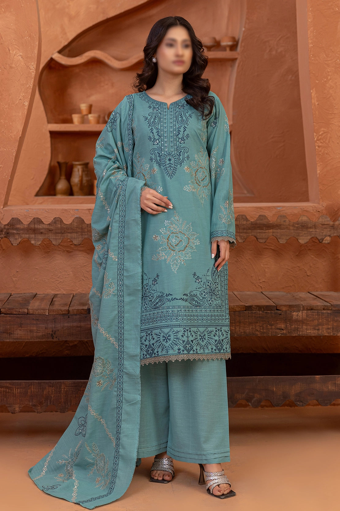 3 Piece - Embroidered Lawn Slub Karandi - Suffuse 103