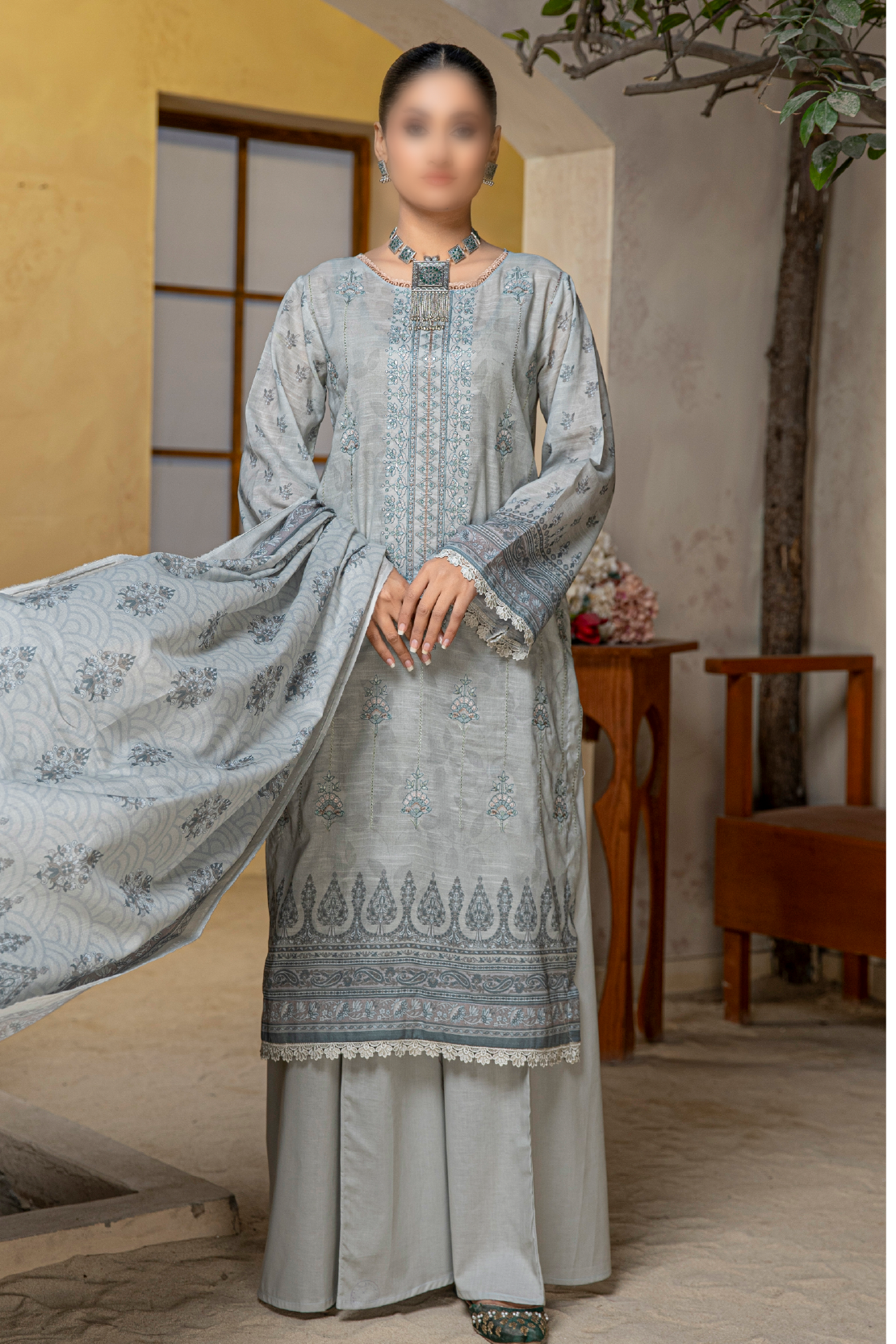 3 Piece - Embroidered Slub Lawn - Tabeer 205