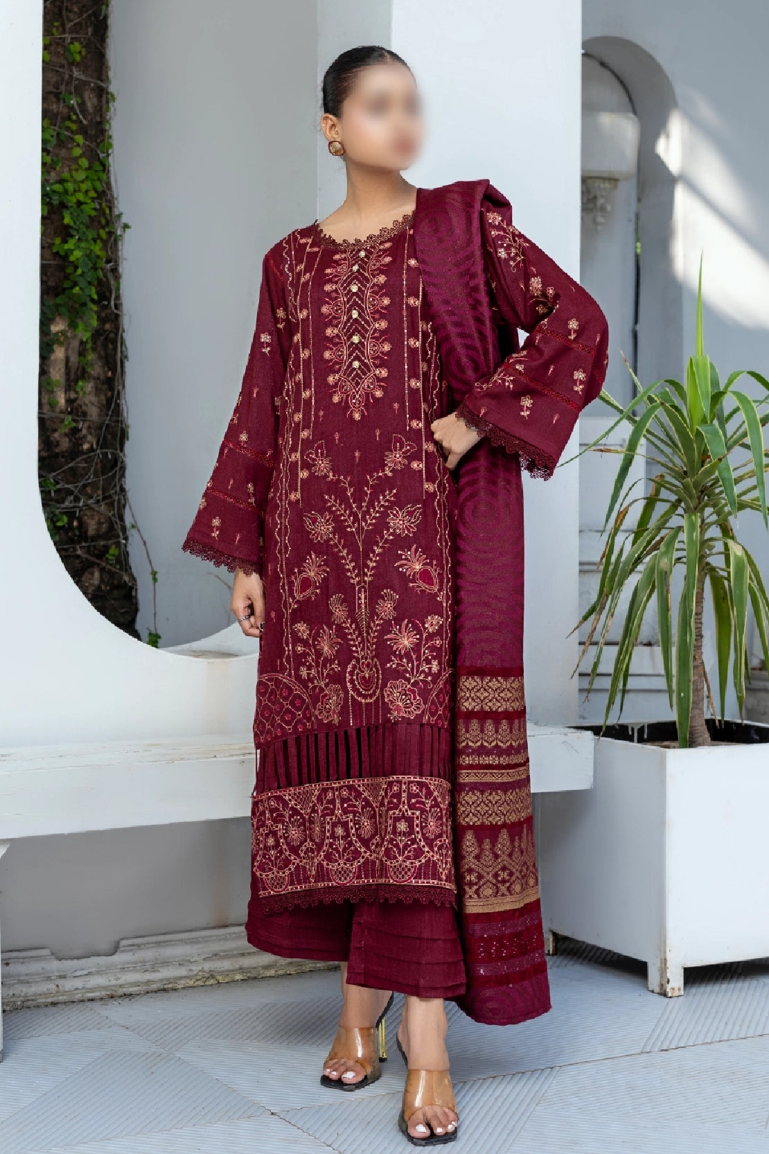 3 Piece - Embroidered Peach - Tana Bana 101