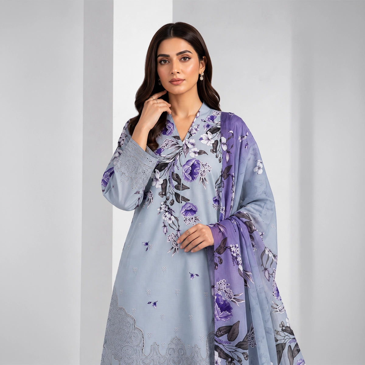 3 Piece - Ice Blue Embroidered Viscose - D101