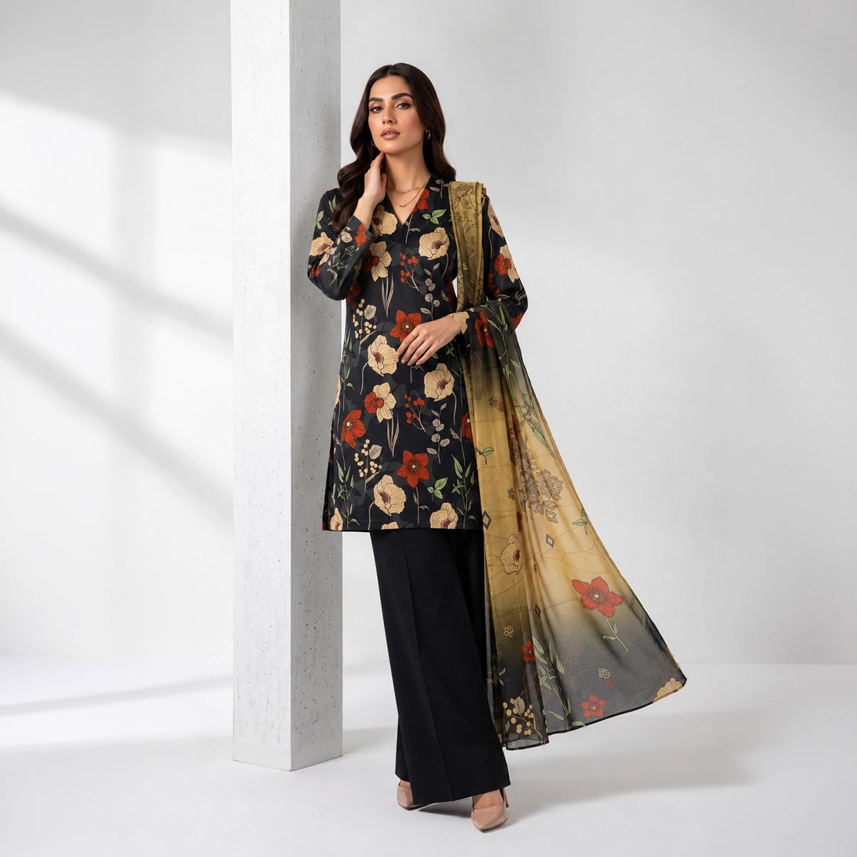 3 Piece - Black Doriya Viscose - D108