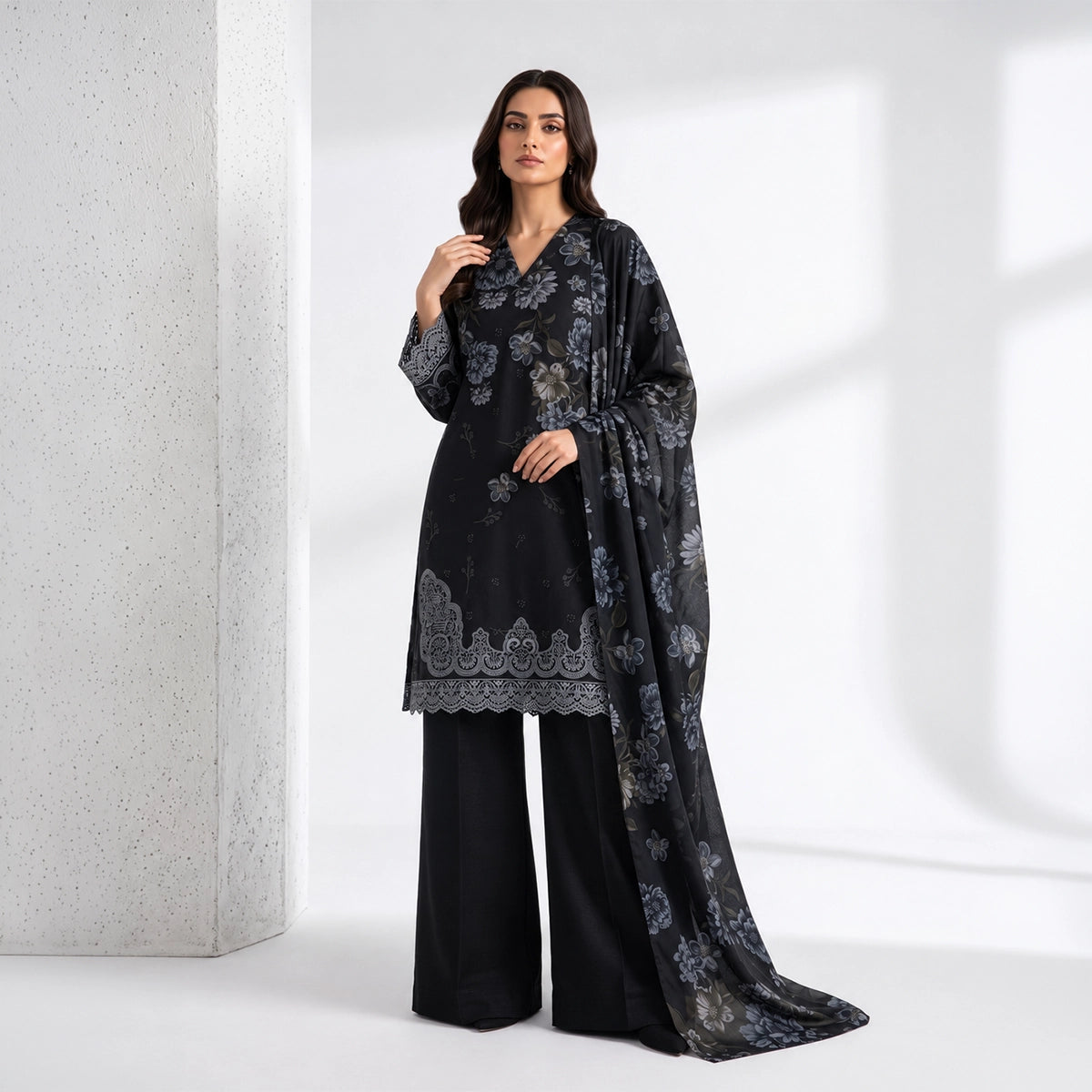 3 Piece - Black Embroidered Viscose - D102