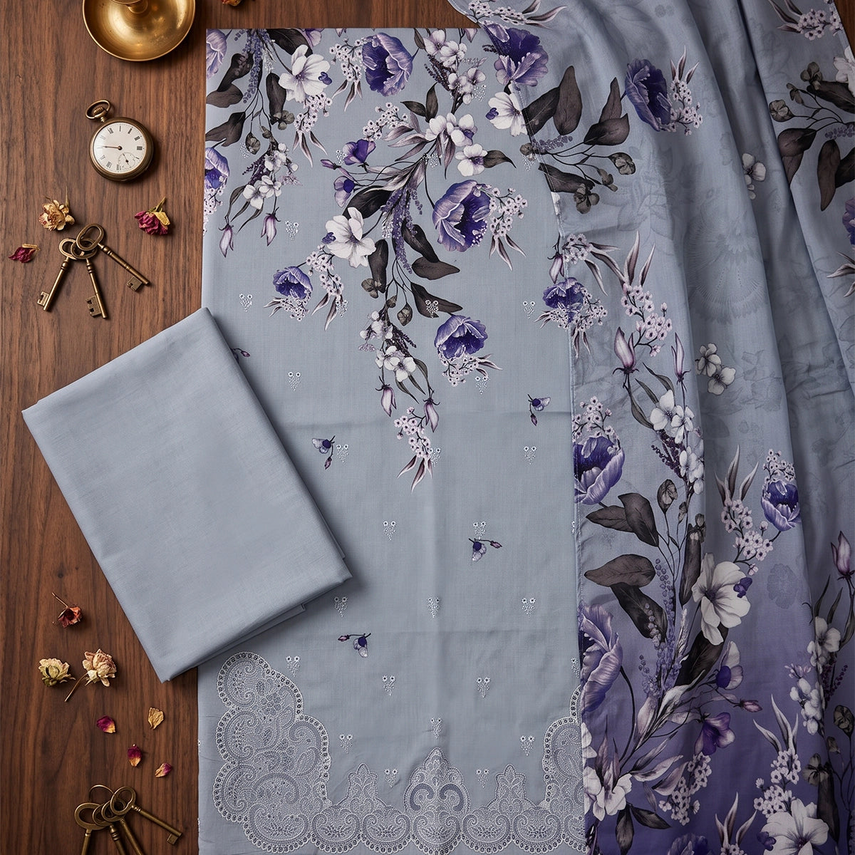 3 Piece - Ice Blue Embroidered Viscose - D101