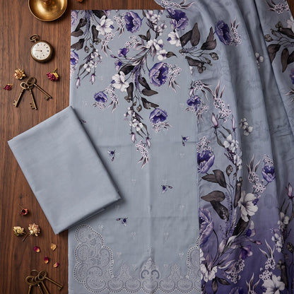 3 Piece - Ice Blue Embroidered Viscose - D101
