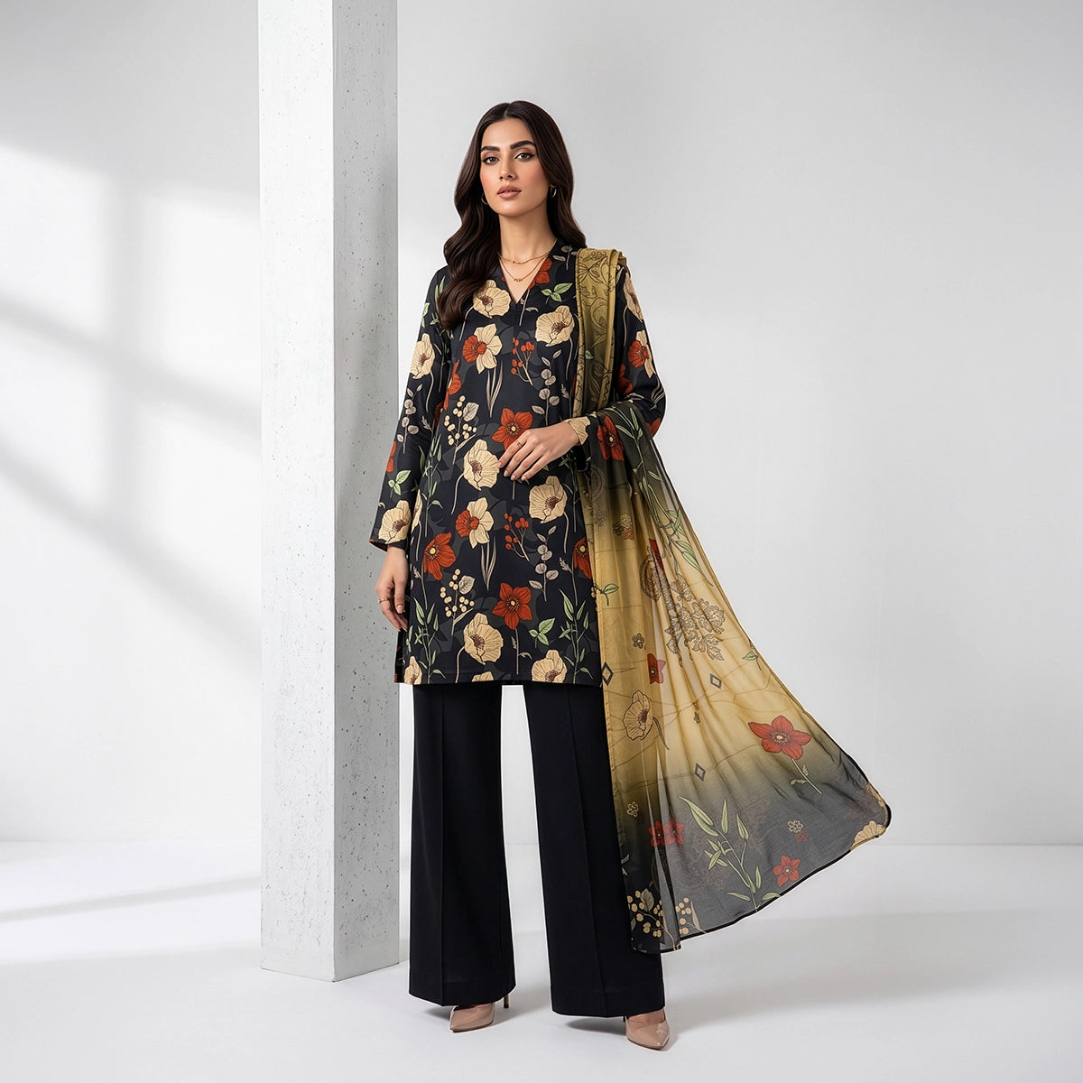 3 Piece - Black Doriya Viscose - D108