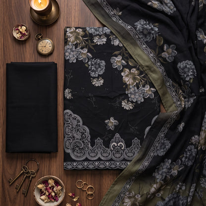 3 Piece - Black Embroidered Viscose - D102