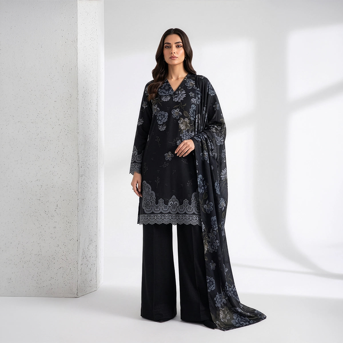 3 Piece - Black Embroidered Viscose - D102