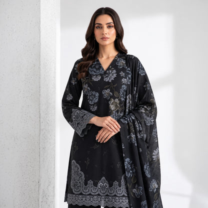 3 Piece - Black Embroidered Viscose - D102