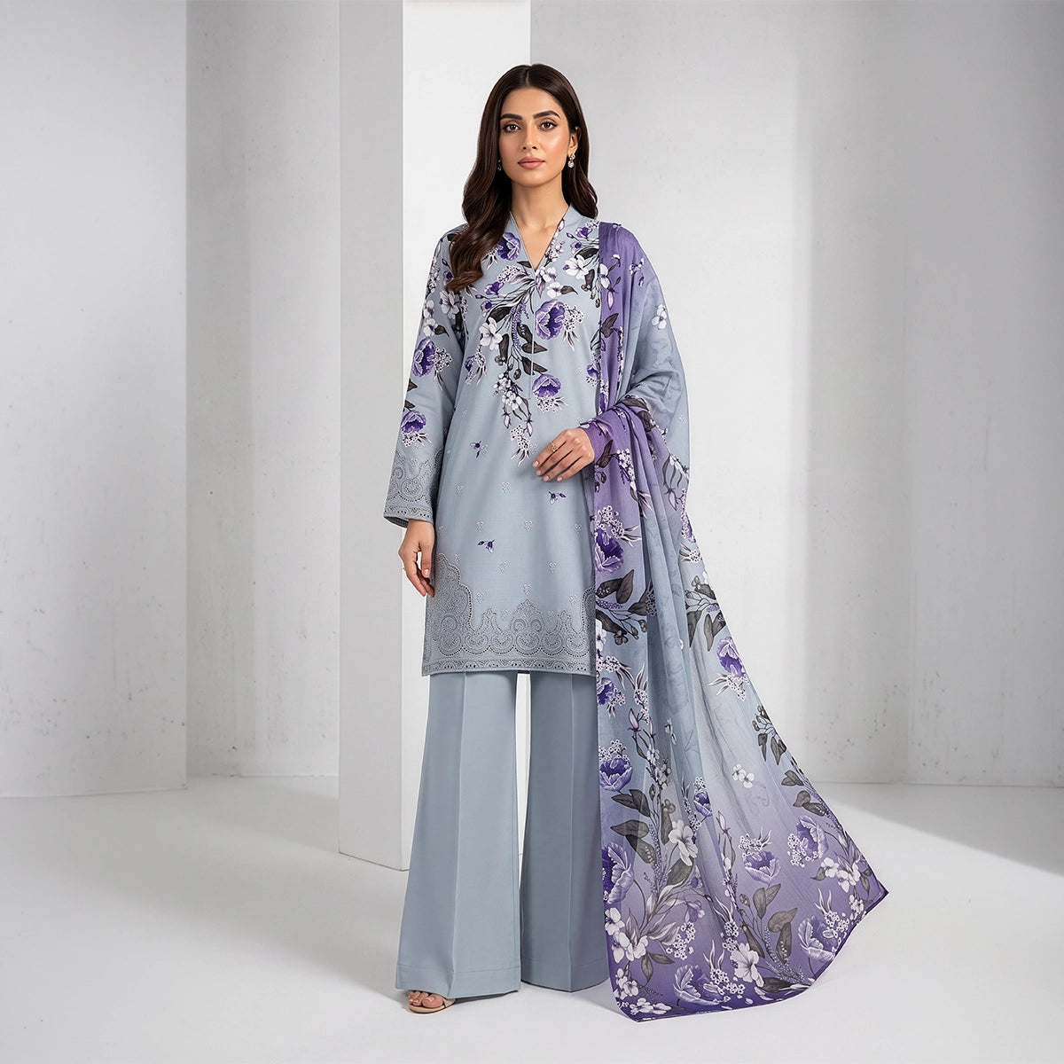 3 Piece - Ice Blue Embroidered Viscose - D101
