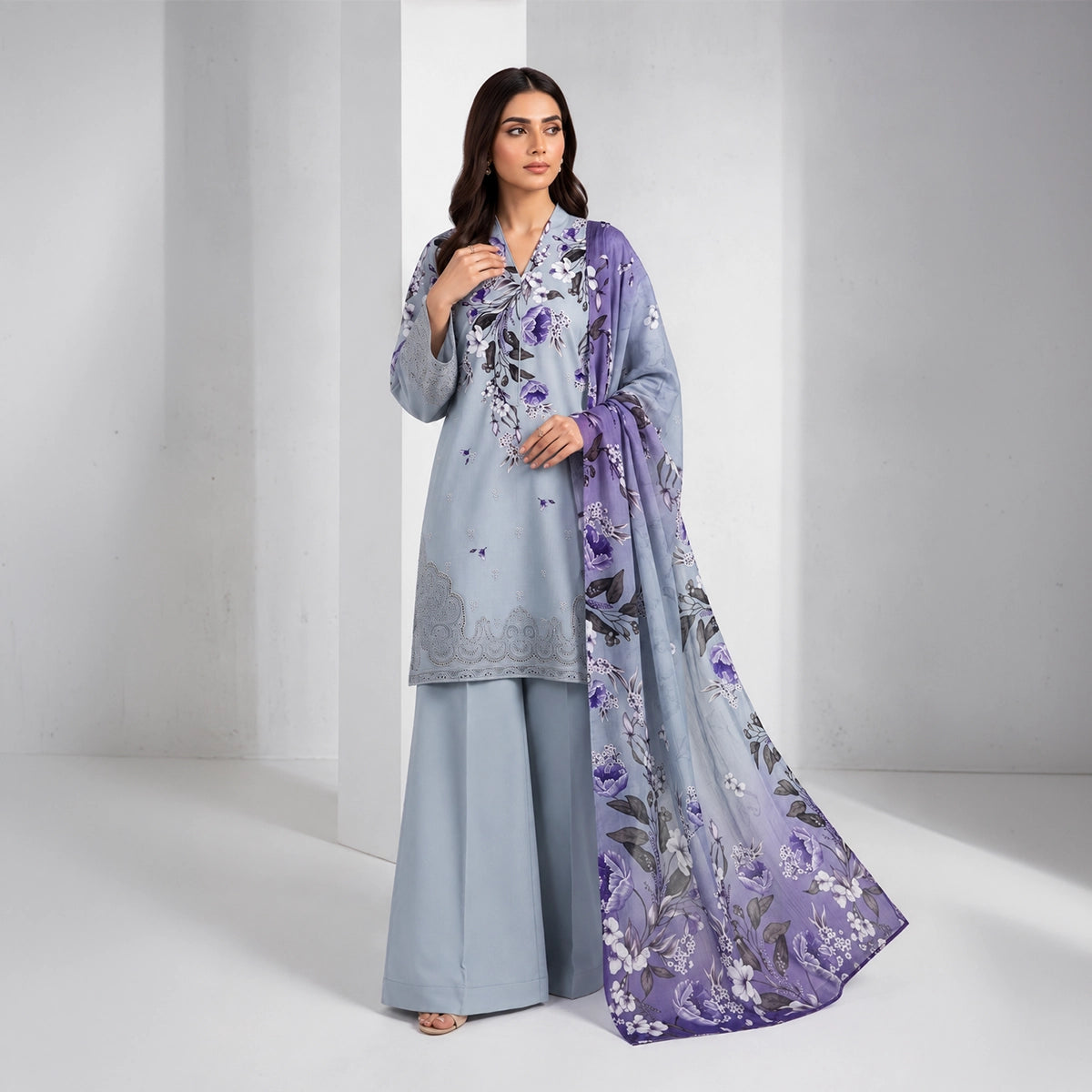 3 Piece - Ice Blue Embroidered Viscose - D101